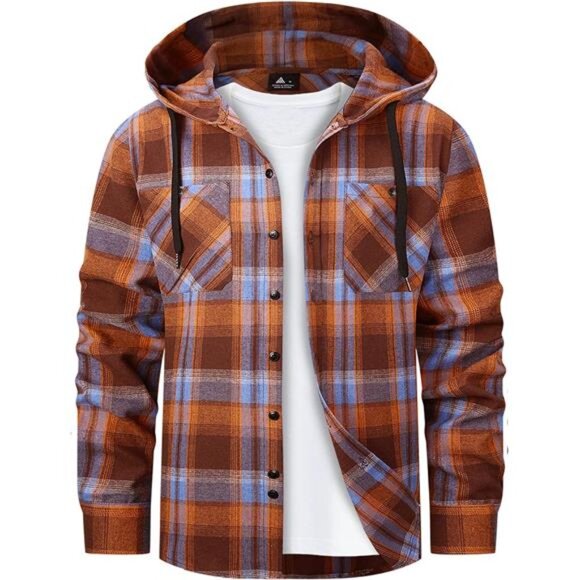 Other - Mens Hooded Flannel Shirts Hoodie Orange Blue